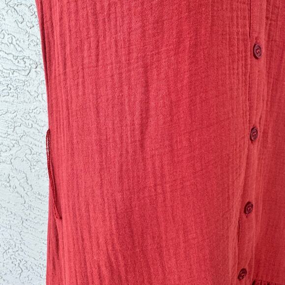 Drew XS Cotton Gauze Midi Shirt Dress Rust Tiered High Low Button Front Boho - Picture 6 of 12